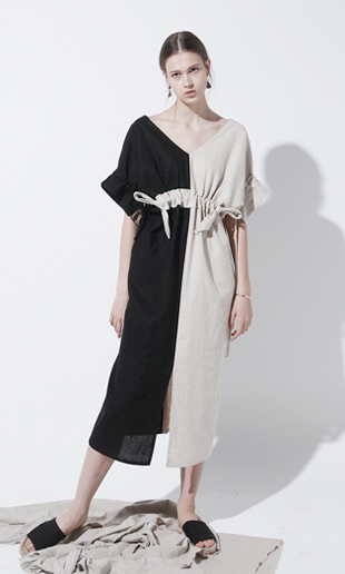 ruffle sleeve linen long dress (beige+black)