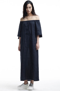 [14SS] right angle_off-shoulder linen dress (navy)