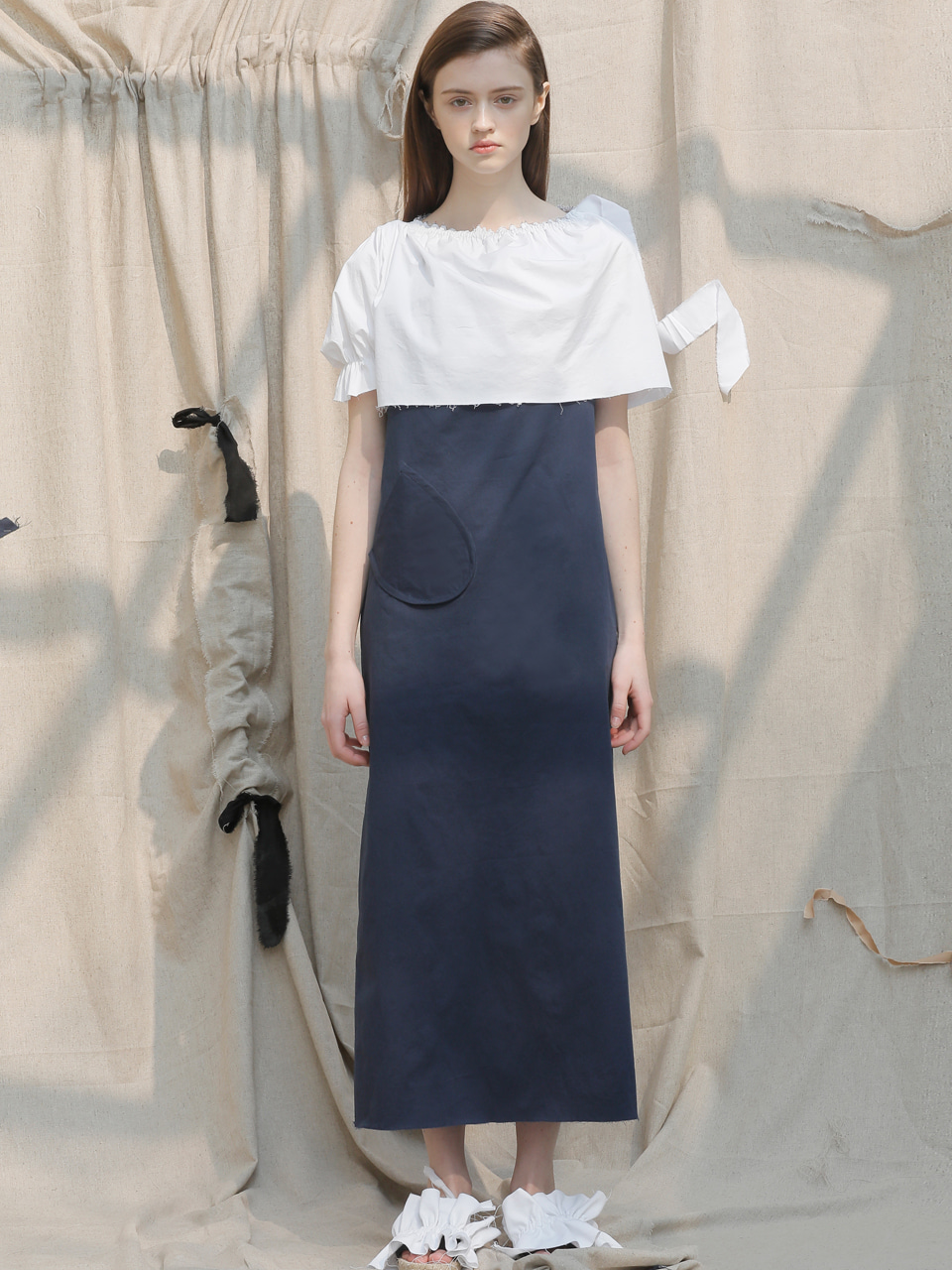 CAPE LONG DRESS (NAVY+WHITE) (3colors) (70%)