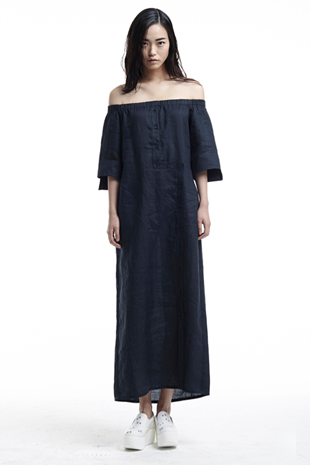 [14SS] right angle_off-shoulder linen dress (navy)