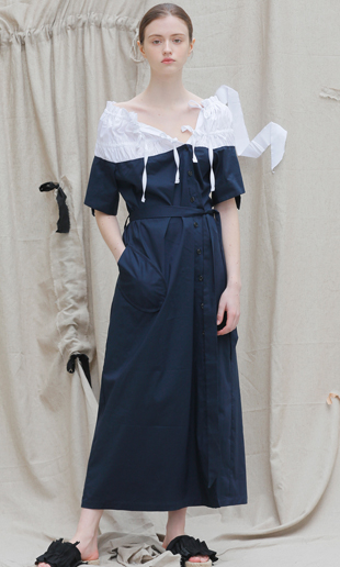 shirring long dress (navy_white)