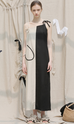 17 SS unbalanced linen long dress (beige+black)