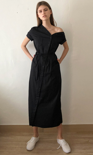[best!] 18 SS unbalanced tulip shirt dress (black)