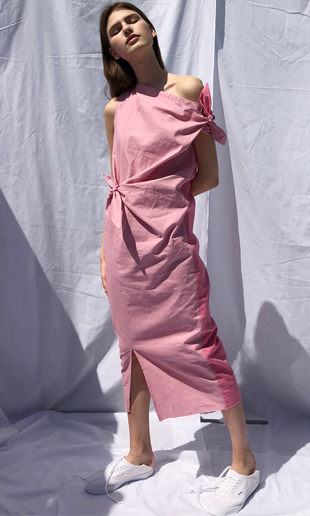 ribbon linen long dress (pink)