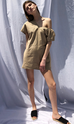 big pocket unbalanced linen mini dress (beige)