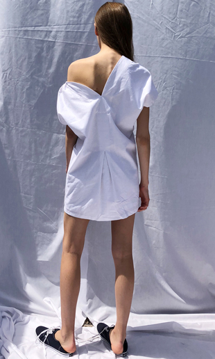 18 SS big pocket unbalanced linen mini dress (white)