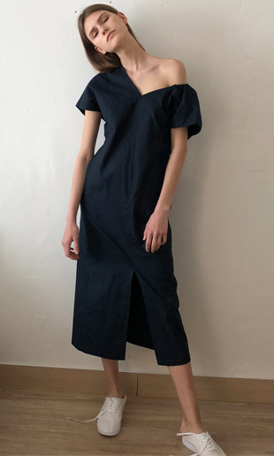 18 SS big pocket unbalanced linen dress (navy)