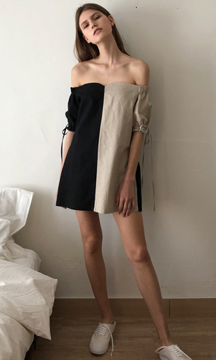 tulip off-the-shoulder linen mini dress (beige+black)