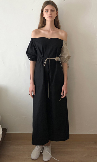 18 SS tulip off-the-shoulder linen dress (beige+black)