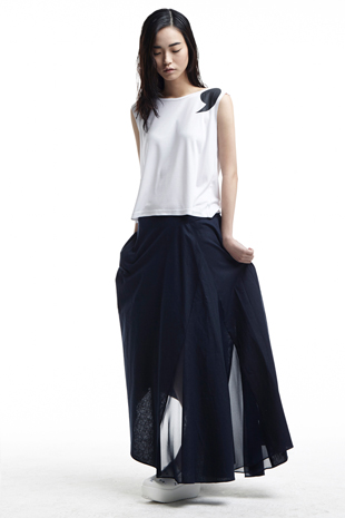 [14SS / SALE] unbalance linen+see through skirt (navy)
