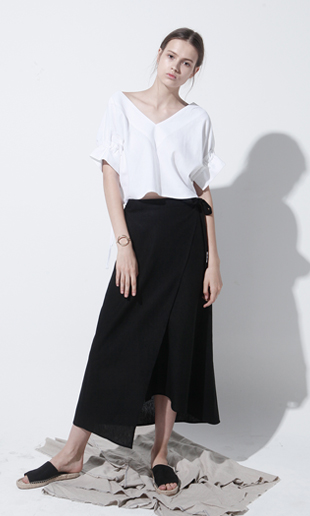 linen long wrap skirt (black)