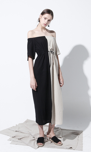 [16 SUMMER] off the shoulder linen long dress (beige+black)