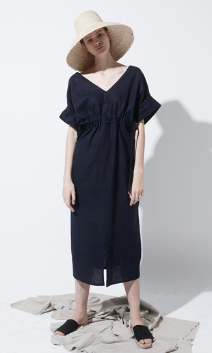 [16 SUMMER] ruffle sleeve linen long dress (navy)