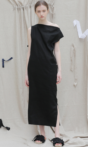 big pocket linen long dress (black)