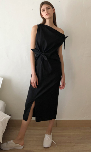 ribbon linen long dress (black)