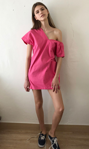 18 SS big pocket unbalanced linen mini dress (pink)