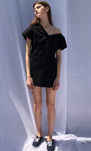 big pocket unbalanced linen mini dress (black)